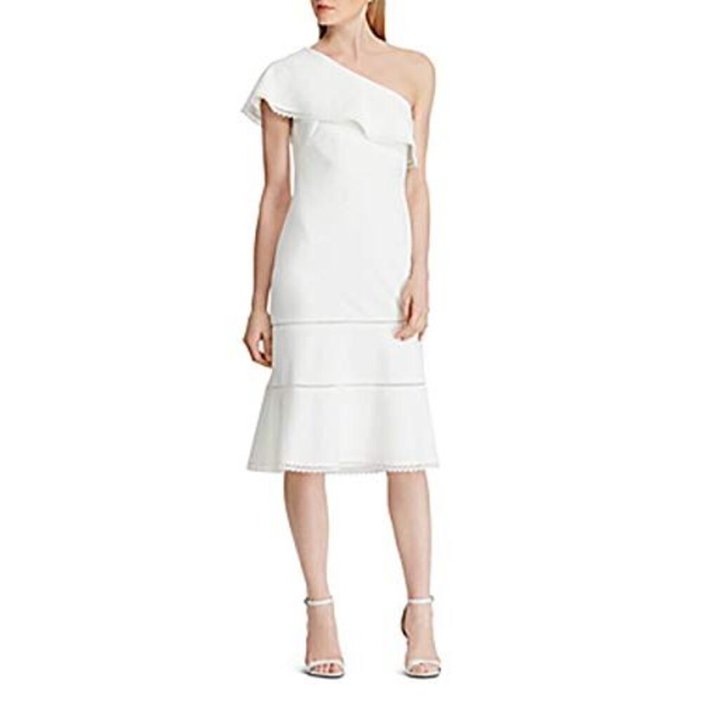 Ralph Lauren Womens Janicia Crochet-Trim Crepe Sheath Dress Chic Cream 4